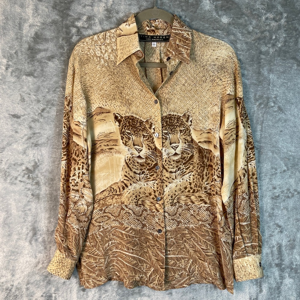 Tina Hagen Silk Leopard Print Blouse Womens‎ Small Tan Brown Safari Button Down